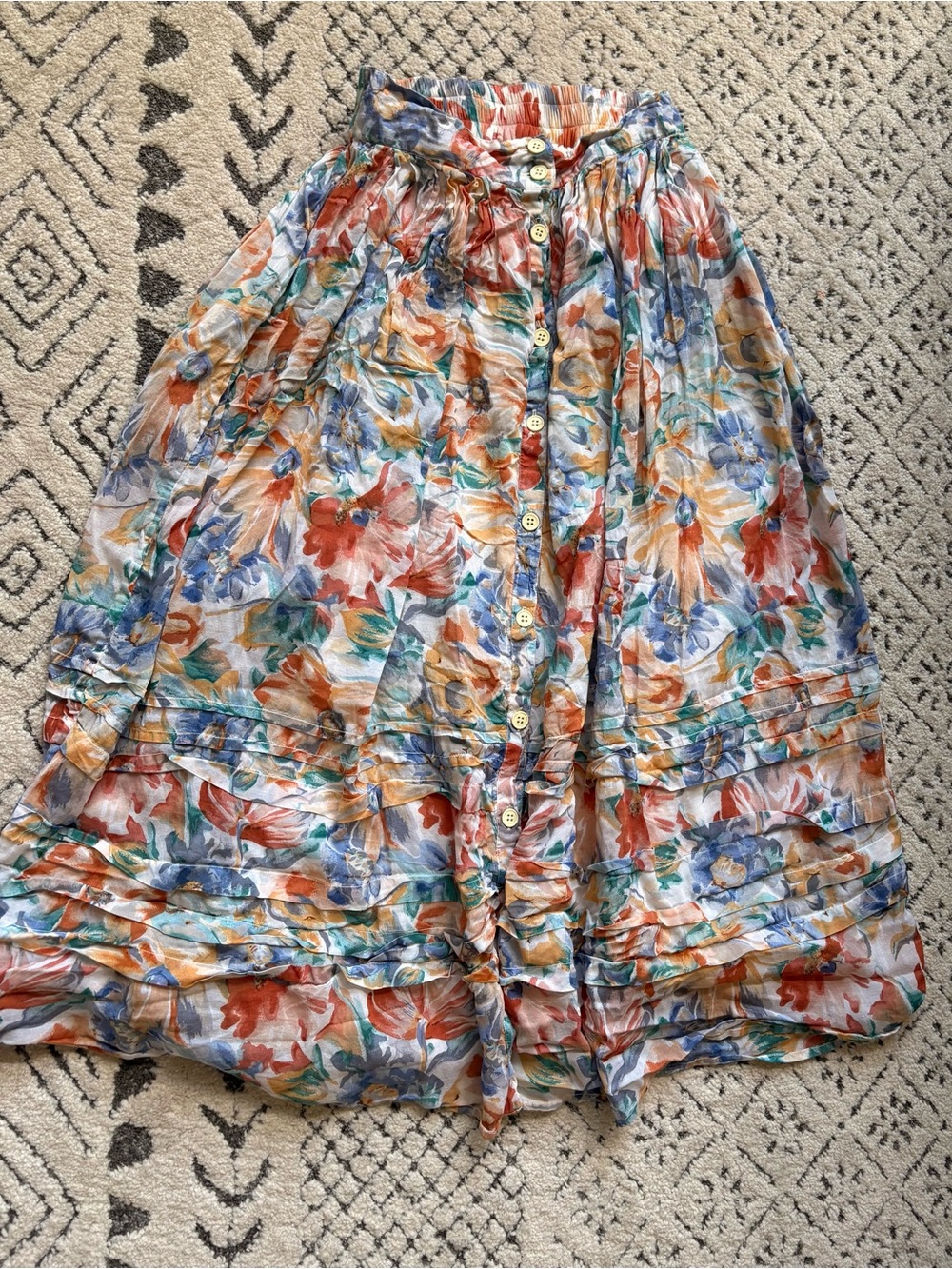 Floral Button-Front Maxi Skirt in Orange & Blue